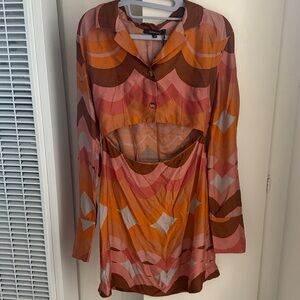 Olivaceous Orange & Pink Retro Hippie Front Cut Out Scallop Print Mini Dress M